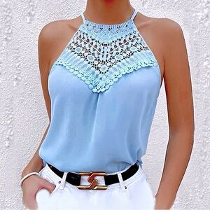 NWT, Lavishly Paris Women’s Baby Blue Guipure Lace Halter Top.